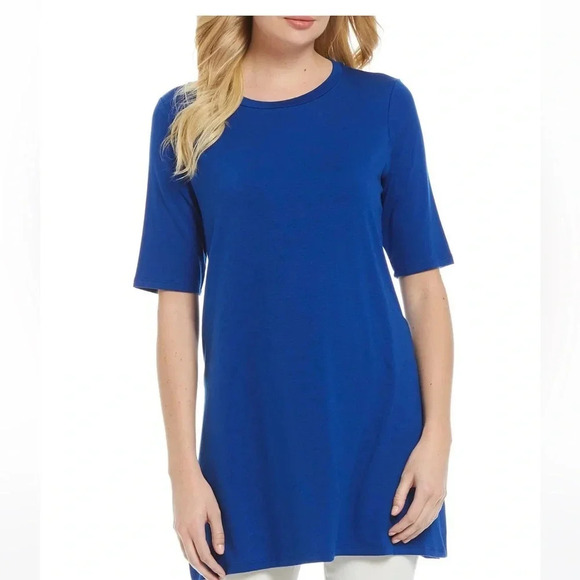 Eileen Fisher Fine Tencel Jersey Round Neck Elbow Sleeve Tunic - Picture 3 of 6